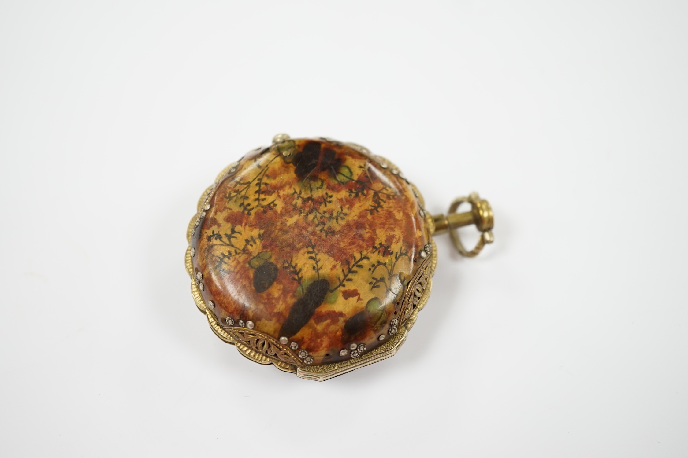 A late 18th century gilt metal and painted tortoiseshell mounted pair cased repeating pocket watch, made for the Turkish market, by Markwick Markham Perigal, London (a.f.).